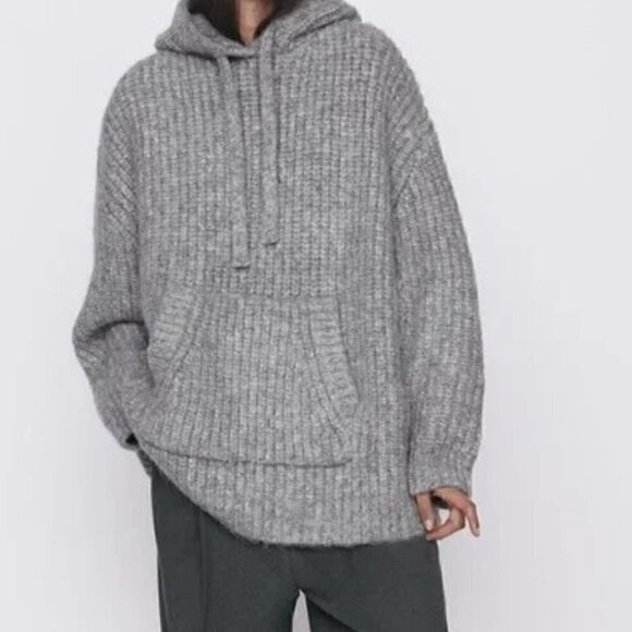Zara Waffle Knit Kangaroo Hoodie Pocket Drop Shoulder Drawstring Hoodie Size Med - Picture 1 of 5